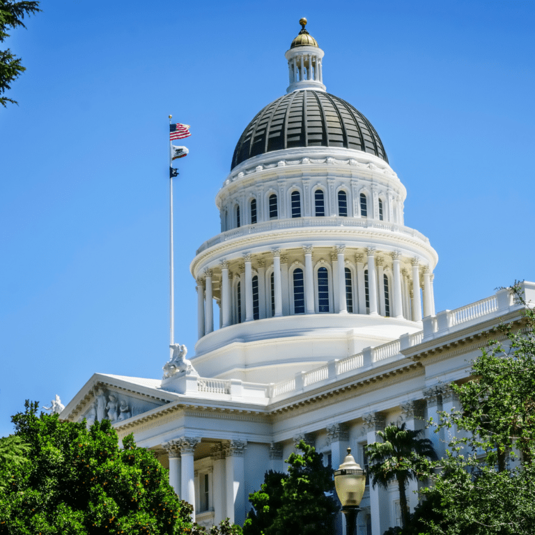 En la imagen se muestra un edificio de gobierno con la bandera de Estados Unidos y California