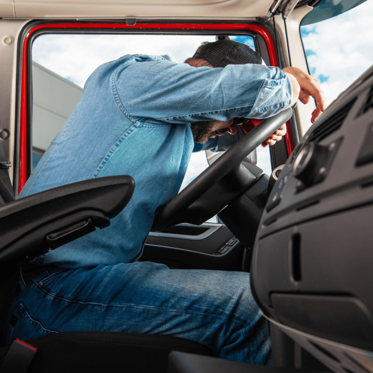 En la imagen se muestra un camionero descansando su cabeza en el volante de un camión