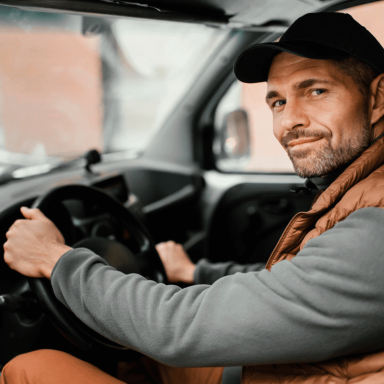 En la imagen se observa un hombre sonriendo al volante de un camión