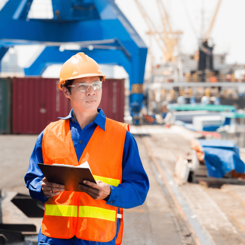 En la imagen se muestra un hombre con equipo de seguridad en un puerto de exportación