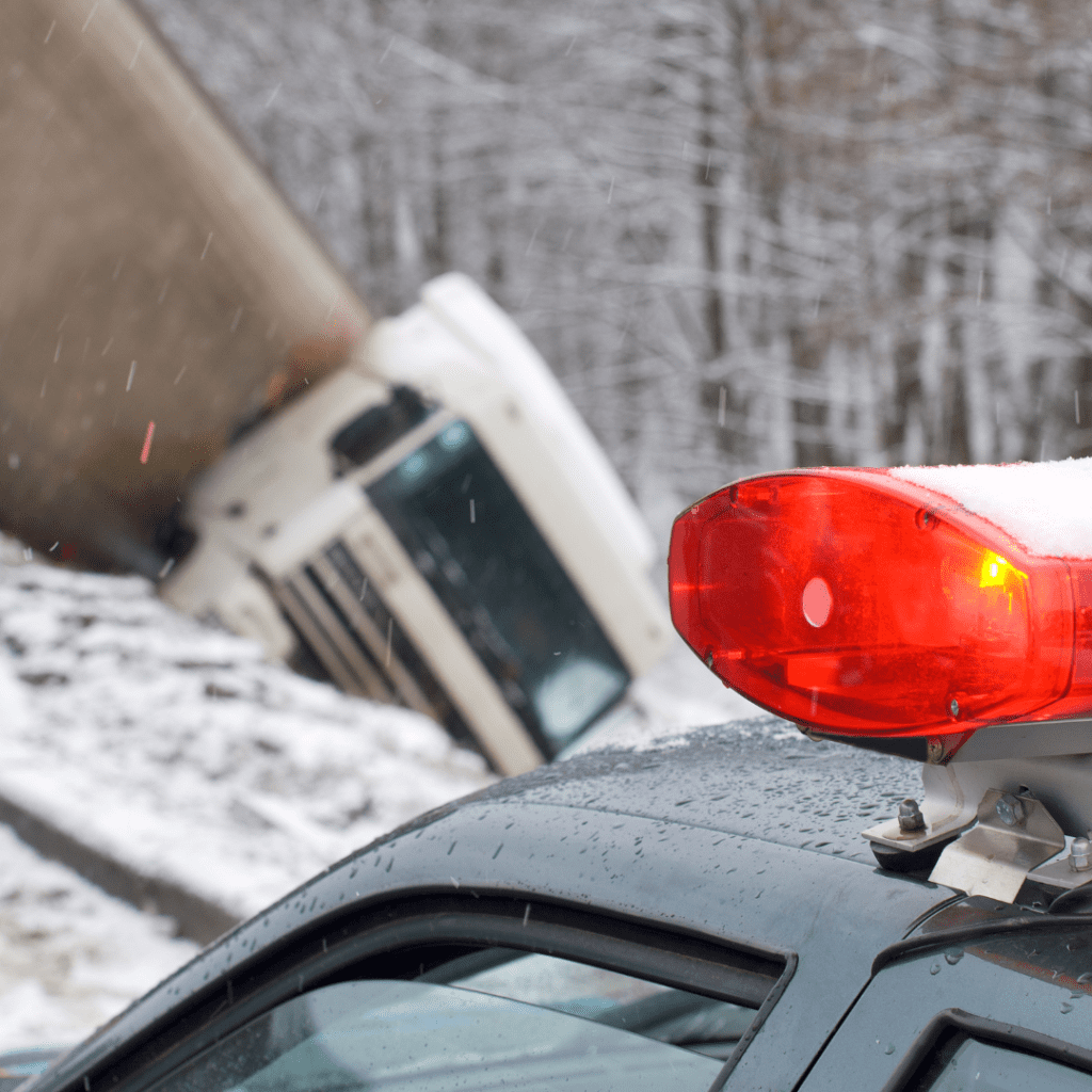 En la imagen se muestra un camión volcado en la nieve