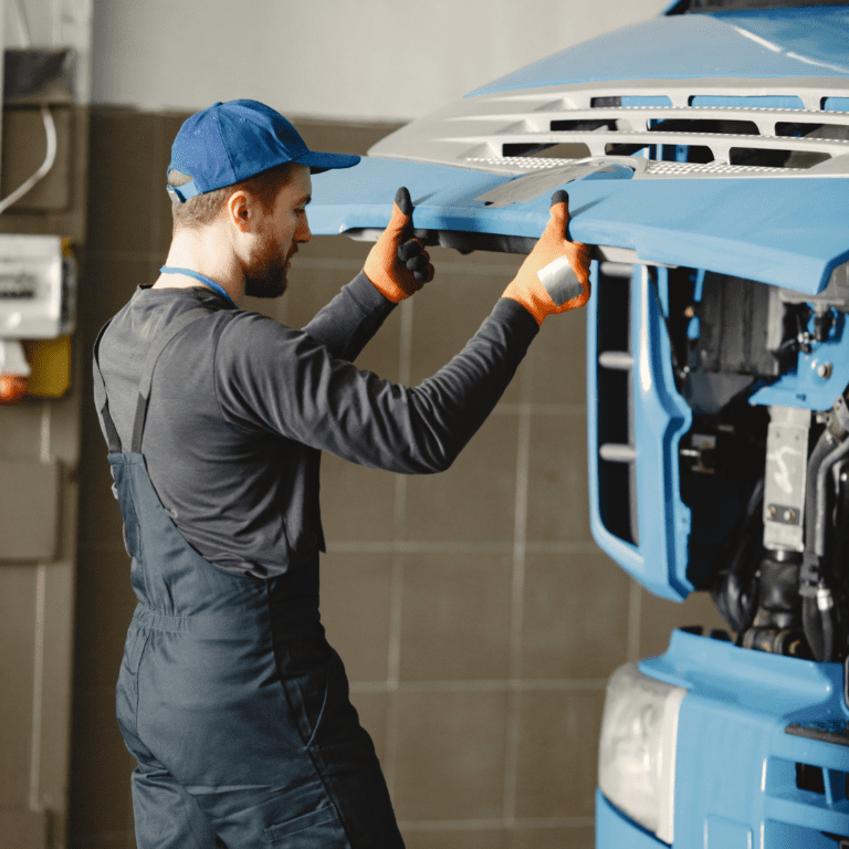 En la imagen se muestra un mecánico revisando el motor de un camión.