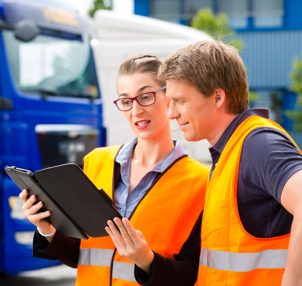 En la imagen se muestran dos transportistas revisando documentos