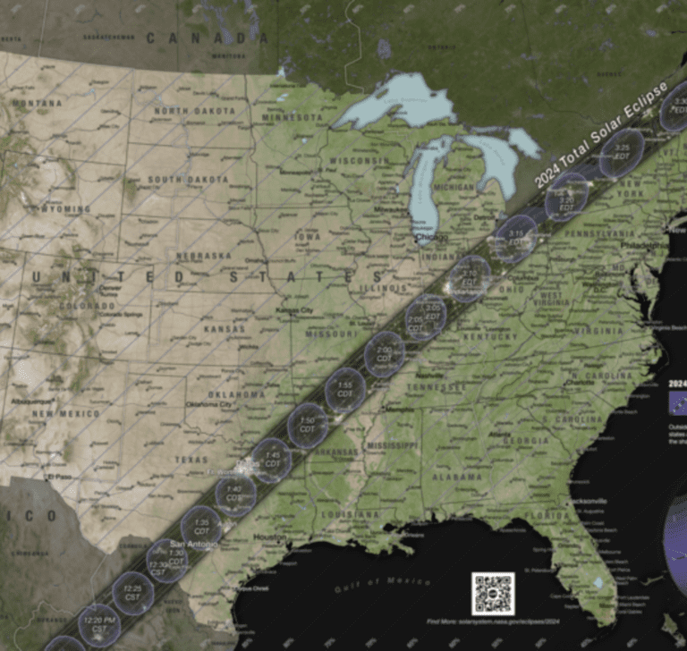 En la imagen se muestra la trayectoria del eclipse solar 2024