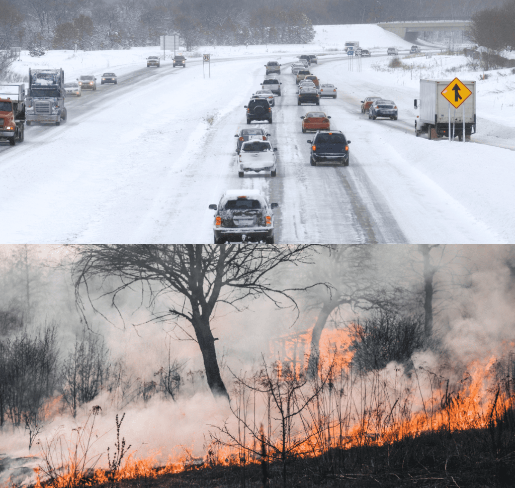 En la imagen se muestra una tormenta de nieve y un incendio forestal