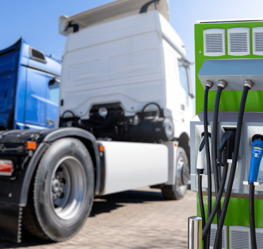 En la imagen se muestran camiones eléctricos siendo cargados