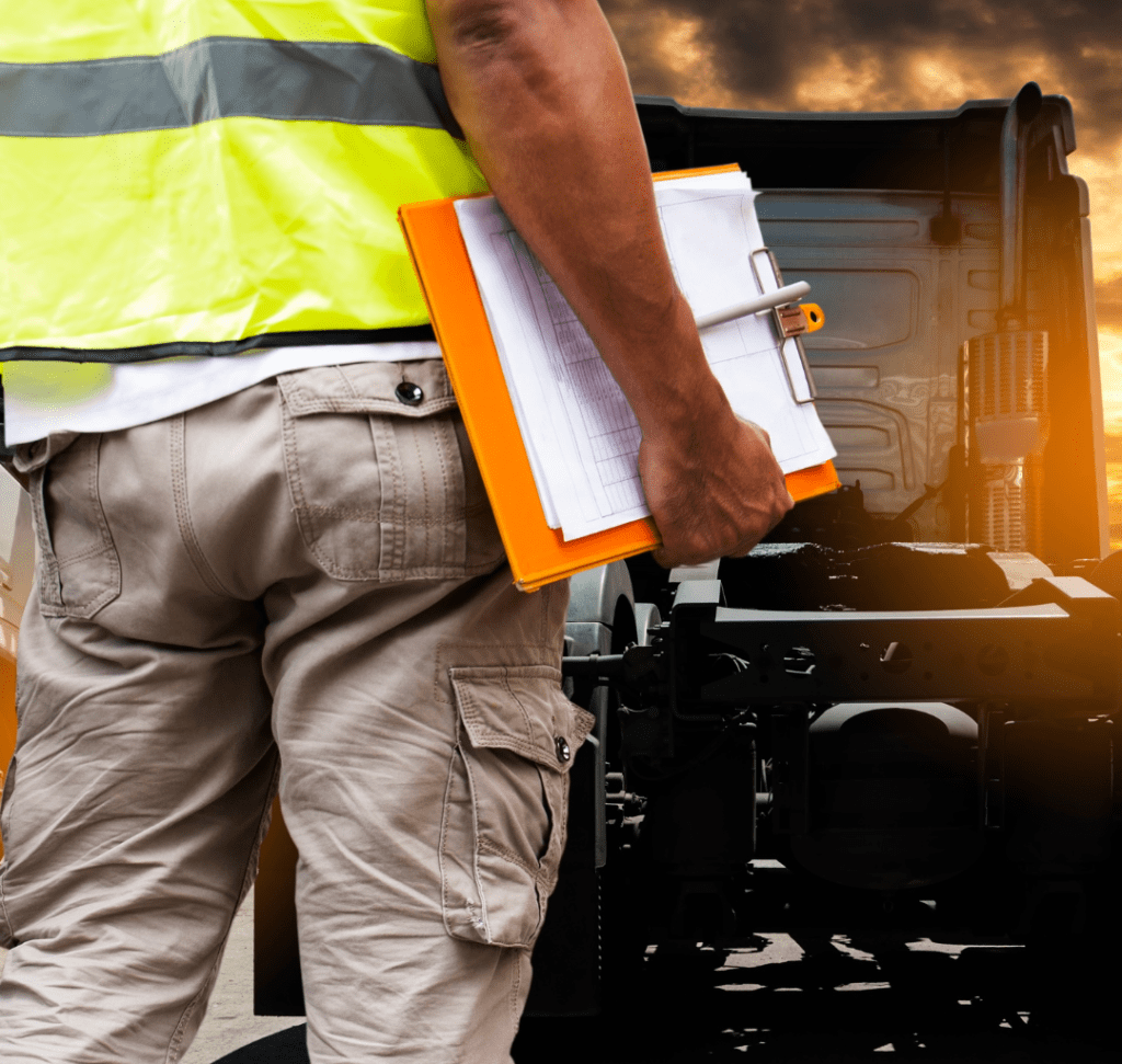 En la imagen se muestra el cuerpo de un hombre de espaldas, frente a un camión