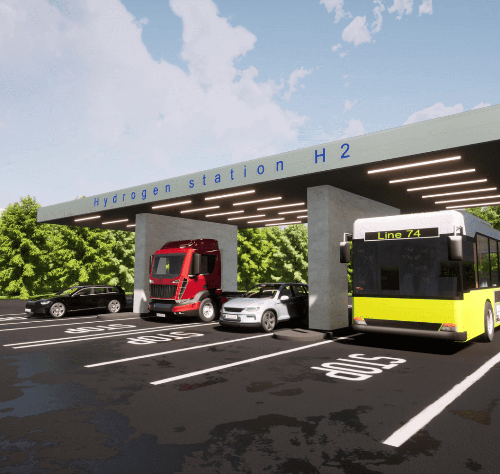 En la imagen se muestra una estación de carga de hidrógeno