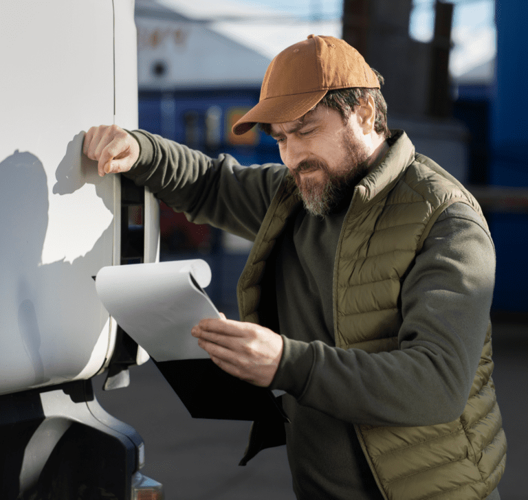 En la imagen se muestra un camionero preocupado