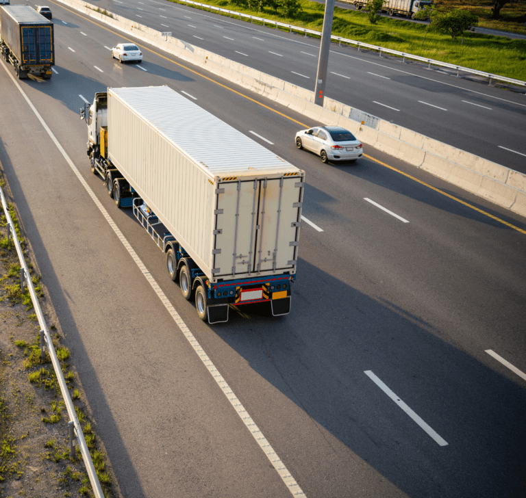 En la imagen se muestra un camión con vehículos en la carretera