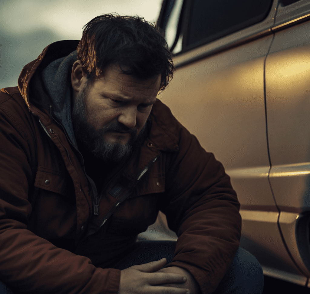 En la imagen se muestra un camioonero preocupado