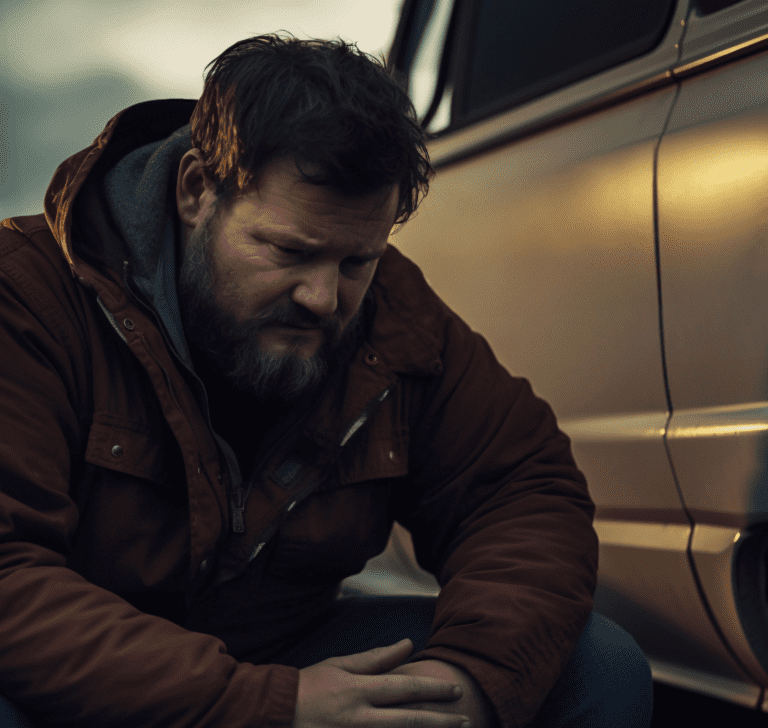 En la imagen se muestra un camioonero preocupado