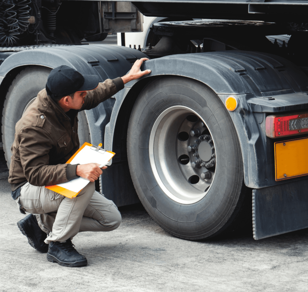 En la imagen se muestra un camionero inspeccionando un camión