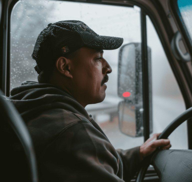 En la imagen se muestra un camionero en la lluvia