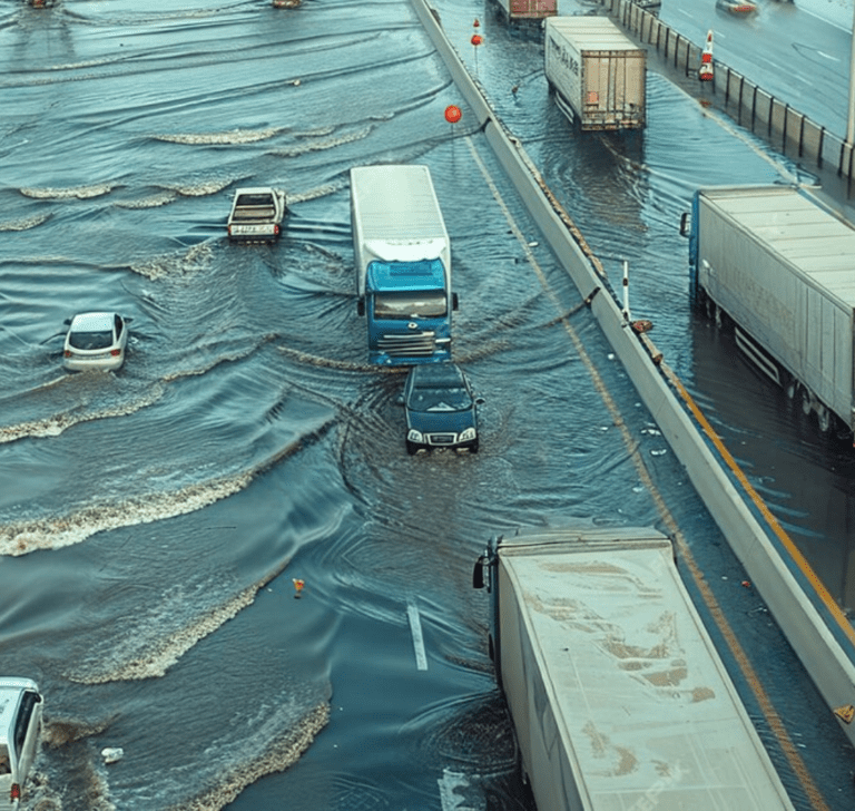 En la imagen se muestran vehículos conduciendo en inundaciones