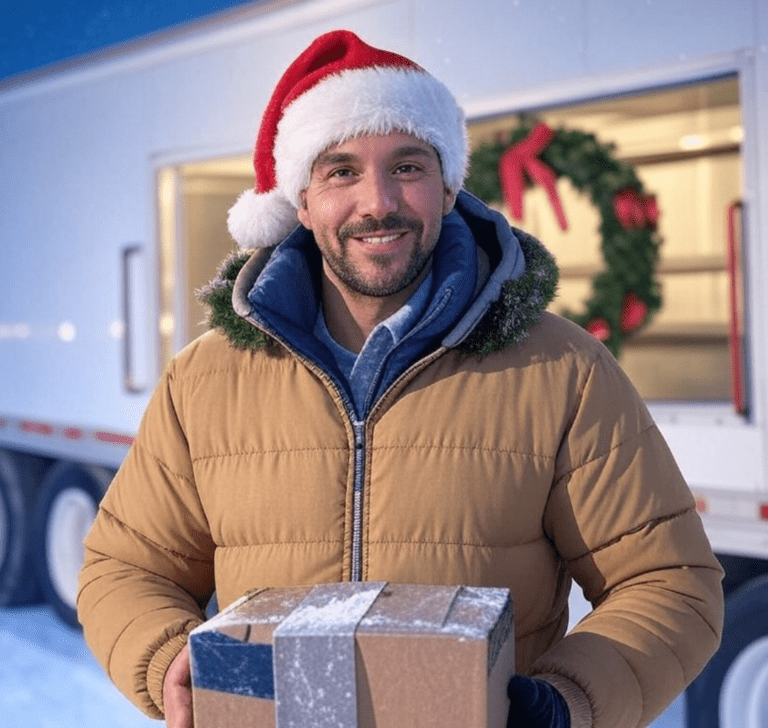 En la imagen se muestra un camionero sosteniendo un regalo de Navidad