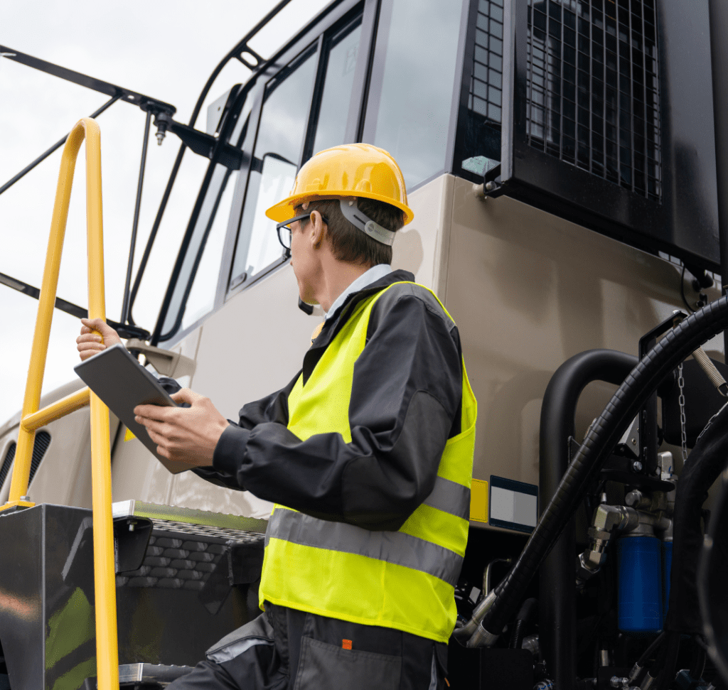 En la imagen se muestra un camionero inspeccionando un camión