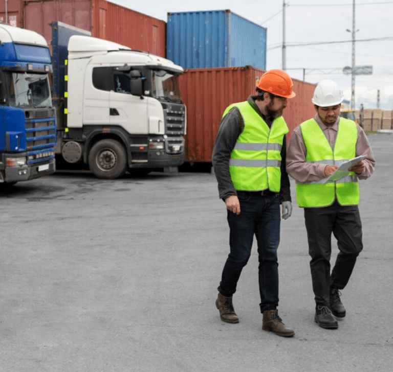 En la imagen se muestran dos camioneros revisando documentos