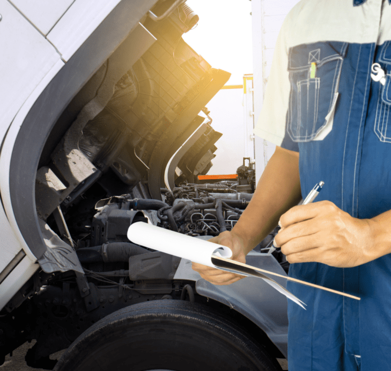 En la imagen se muestra un hombre inspeccionando un camión