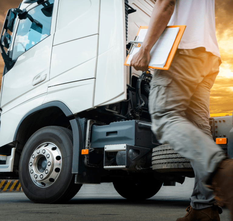 En la imagen se muestra un camionero frente a un camión